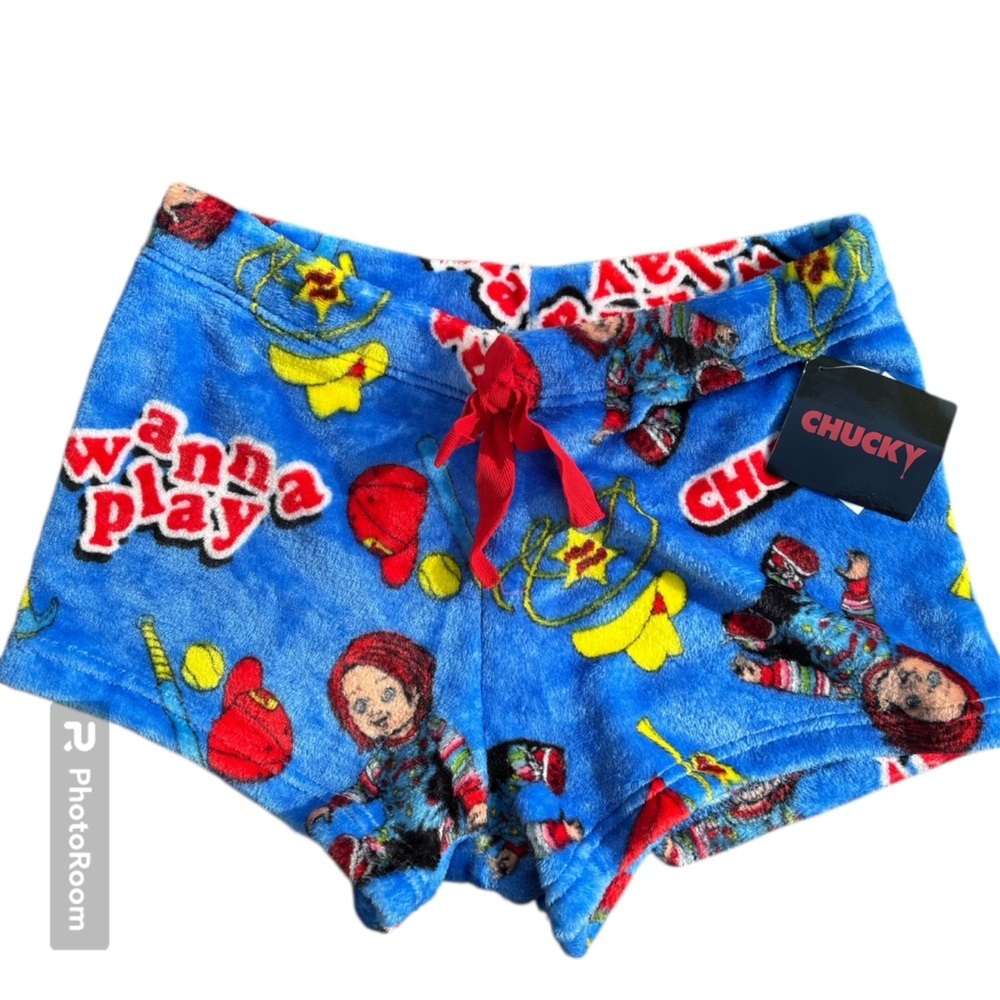 Chucky Wanna Play Official Blue Plush Fleece Women’s Sleep Pajamas Shorts Size M